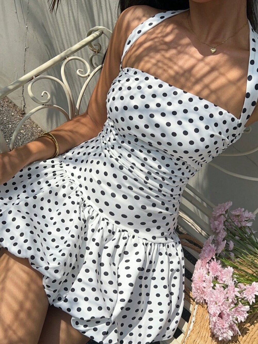 White Casual Women's Polka Dot Ruched Halter Backless Sleeveless Mini Dress